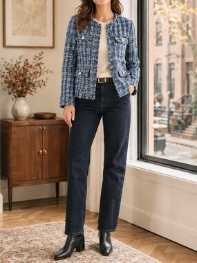 One Third Tweed Plaid Blazer Large Blue Black Pearl Button Jacket 14 Classic